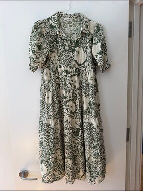 Green and Cream Printed Maternity Midi Dress with Puff Sleeves